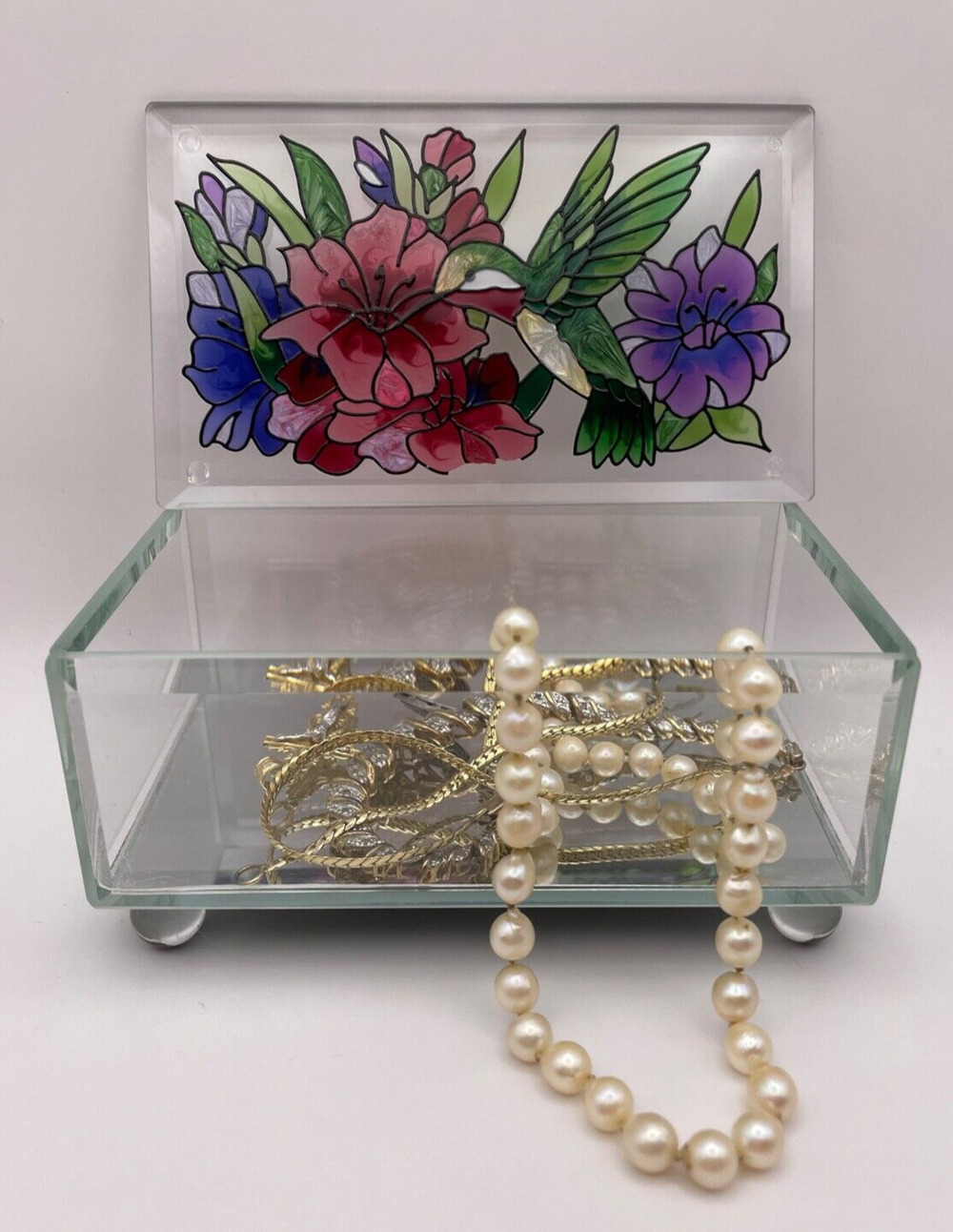 Pre-owned Hand painted Joan Baker Designs 4.75" x 2.25" Glass Box W/Mirror ONLY
